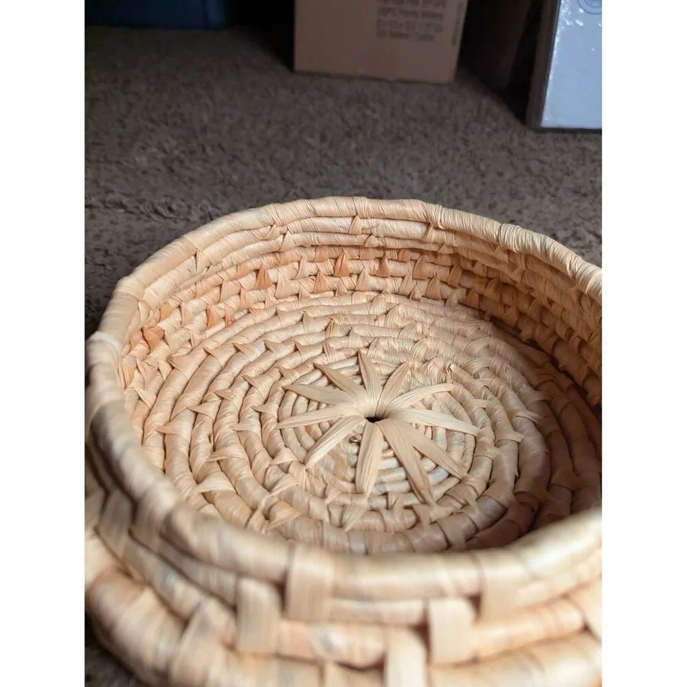 Handwoven Boho Straw Basket with Lid Colorful Raffia Wooden Ring Handle